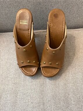 Stuart Weitzman Tan Leather Stud Mule Slides